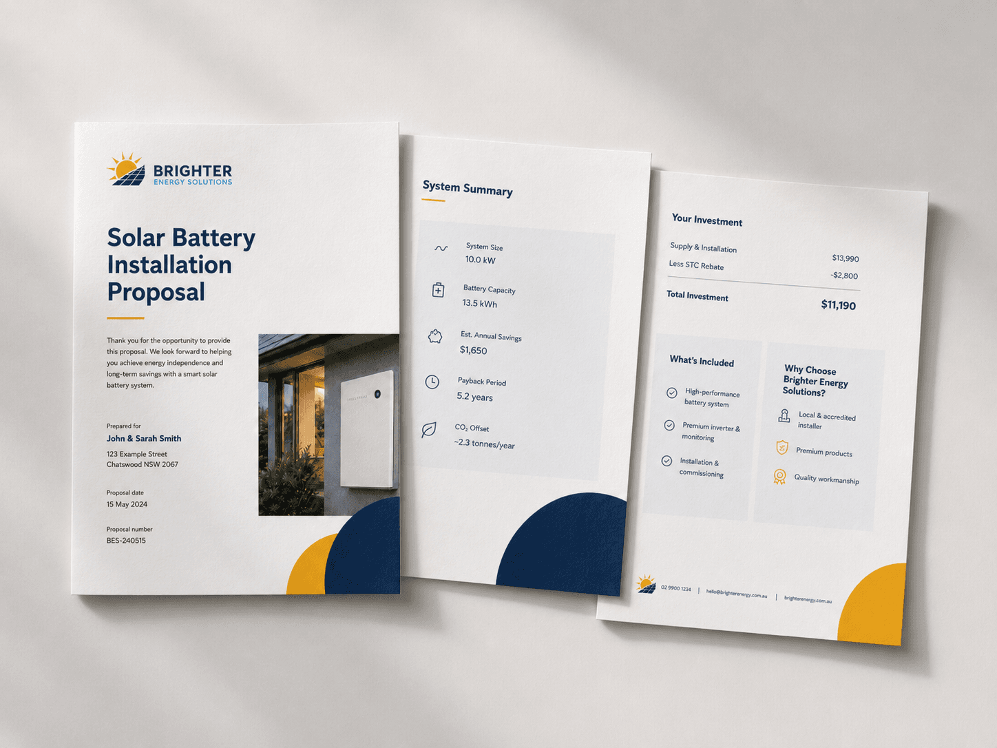 Example solar battery proposal pack pages